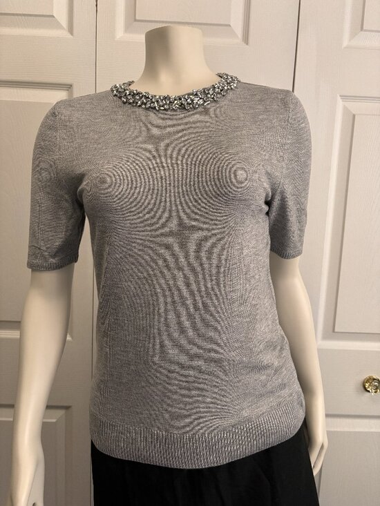 Theo Sweaters - THEO Vegan Cashmere Gray Embellished Neck Knit Top Small